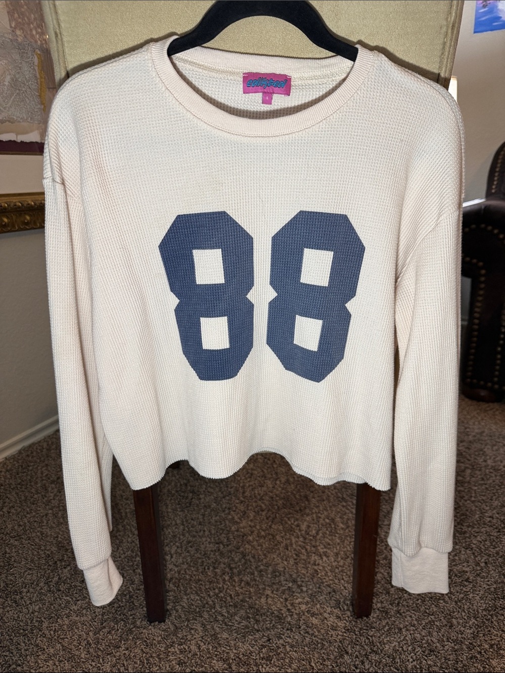 Edikted Cream Cropped Waffle Knit Sweatshirt with Navy 88 Graphic size Small